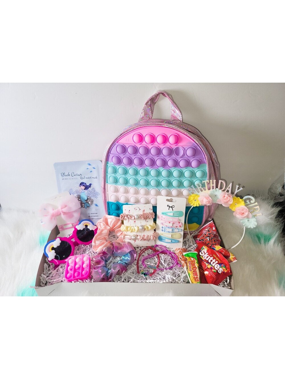 Pink Girls Gift Box with Pop It Backpack Hair Accessories